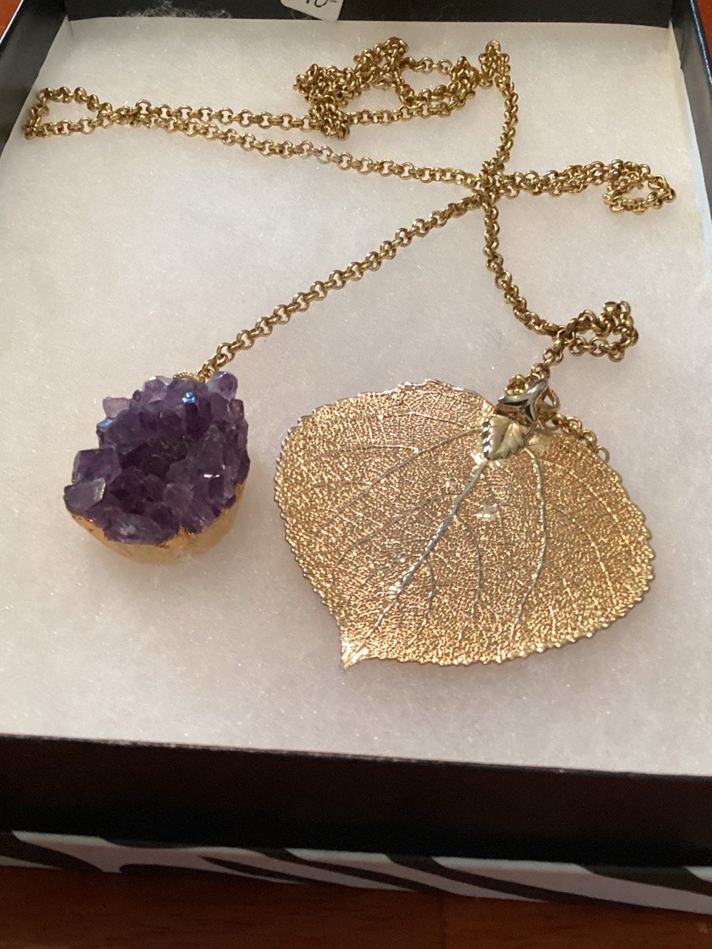 Gold Leaf and Purple Stone Long Pendant Necklace - Women Jewelry